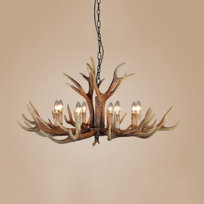 6/8/12 Lights Candle Shape Chandelier with Antlers Antique Style Resin Hanging Light for Restaurant