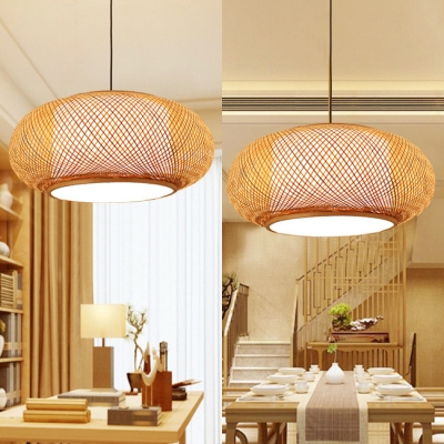 Antique Lantern Pendant Lighting Rattan Single Light Beige Ceiling Fixture for Dining Room