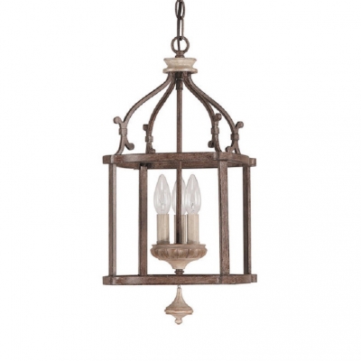 Antique Style Birdcage Shade Hanging Light 3 Lights Wood and Metal Chandelier for Balcony Living Room