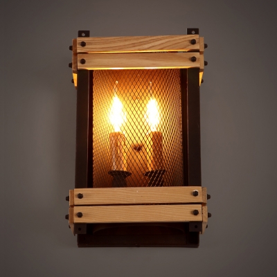Antique Style Candle Sconce Light with Rectangle Metal Mesh Shade 2 Lights Wood Wall Light for Bar