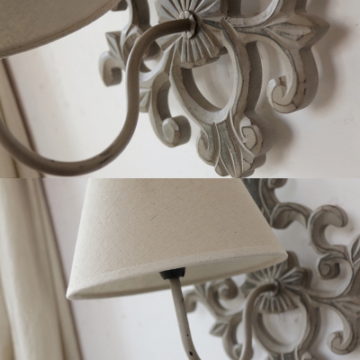 Antique Style Tapered Shade Wall Light 1 Light Metal and Fabric Sconce Lamp in White for Bedroom