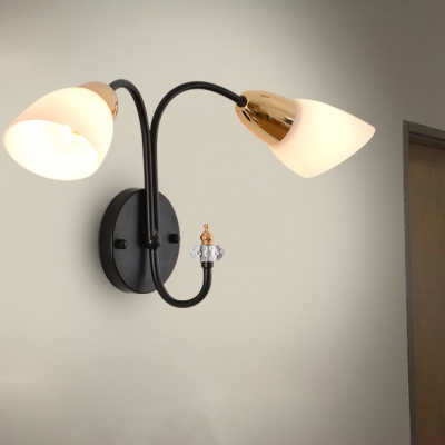 Bell Shape Bedroom Stair Sconce Metal and Frosted Glass 1/2 Lights Simple Style Wall Light in Black