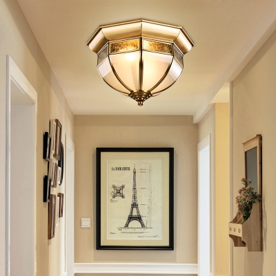 Brass Octagon Ceiling Mount Light Luxurious Style Frosted Glass Flush Light for Dining Room