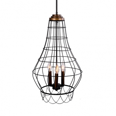 Candle Kitchen Chandelier with Wire Frame Metal 3 Lights Vintage Pendant Lamp in Black