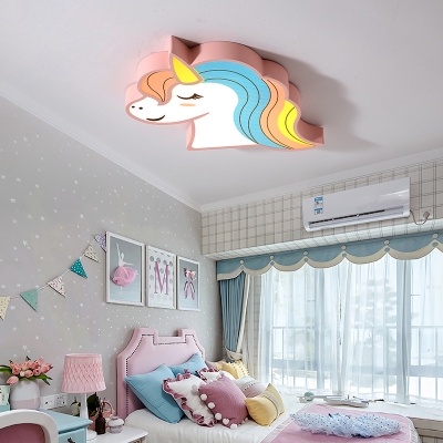 Child Bedroom Flush Mount Light White Lighting/Stepless Dimming Unicorn Shape Ceiling Light in Pink/Blue