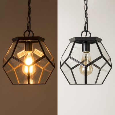 Classic Polyhedron Light Fixture Metal Clear Glass 1 Light Black and Brass Pendant Light for Bedroom Kitchen