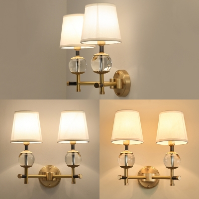 Classic White Tapered Shade Wall Light 1/2 Lights Fabric Metal Sconce Light in Brass for Study Room