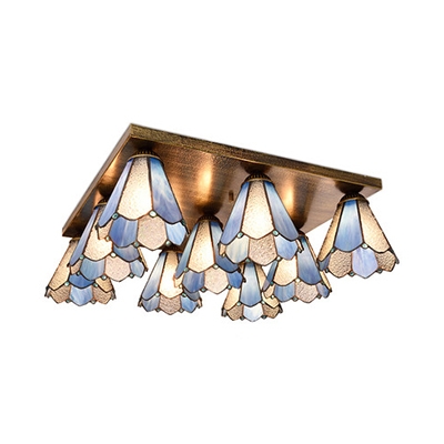Cone Living Room Flush Ceiling Light Stained Glass 9 Lights Tiffany Style Ceiling Mount Light