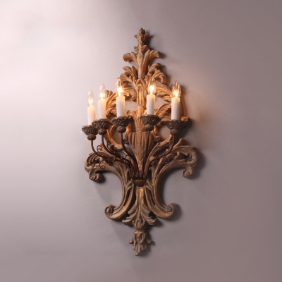 Dining Room Hotel Candle Wall Light Wood Metal 5 Lights Antique Style Sconce Light with Decorative Lamp Body