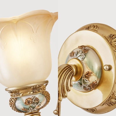 Elegant Style Flower Shade Wall Sconce 1 Light Frosted Metal Wall Lamp with Carved Arm in Brass