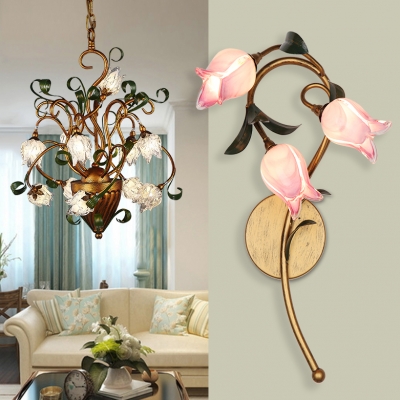 Elegant Style Flower Shape Sconce Lamp 3 Lights Yellow/Pink Glass Sconce Light for Restaurant Dining Room