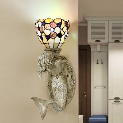 Flower Tiffany Wall Light Living Room Foyer Stained Glass and Resin Mermaid Sconce Light