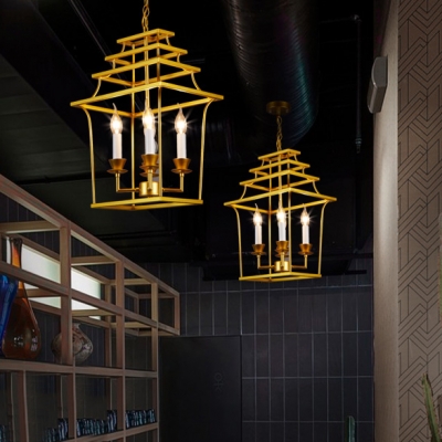 Gold Candle Chandelier Light 4 Lights Industrial Metal Pendant Lighting for Living Room