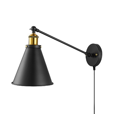 1 Light Cone Shade Wall Lamp Antique Style Metal Sconce Light with Plug In Cord in Black for Hallway
