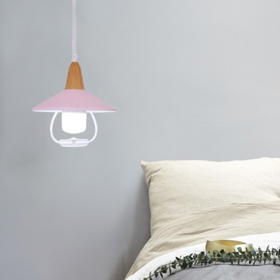 Macaron Cone Pendant Light with Wood Cap 1 Light Metal Hanging Lamp for Children Room
