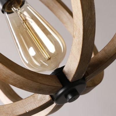 Melon Shape Pendant Light Wood Single Light Rustic Style Beige Hanging Lamp for Coffee Shop