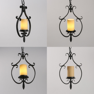 Metal Frosted Glass Ceiling Lamp 1 Light Antique Style Cylinder Hanging Light in White and Black for Restaurant