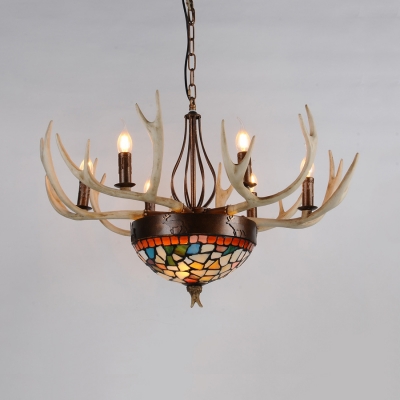 Multi Color Domed Shape Chandelier 9 Lights Tiffany Style Resin Hanging Light with Antlers