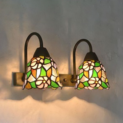Rustic Style Flower/Fruit Sconce Light 2 Lights Stained Glass Wall Light for Bedroom Hotel