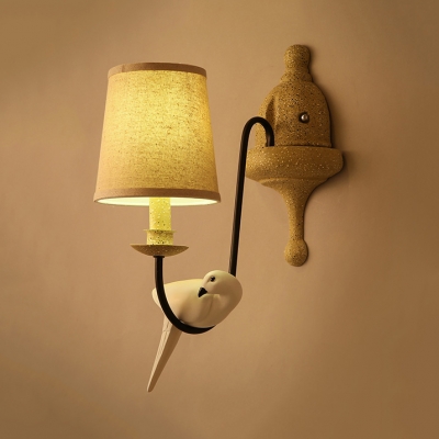 Rustic Style White Sconce Light with Tapered Shade and Bird Decoration Single Light Wood Sconce Wall Light