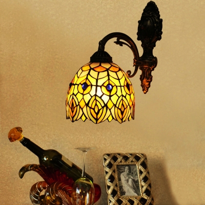 Stained Glass Dome Wall Lamp Flower Shape Tiffany Style Sconce Light for Hallway Restaurant