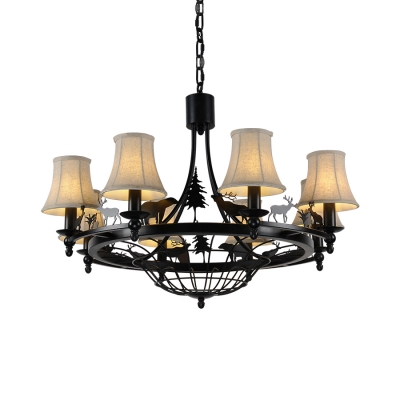 Tapered Shade Chandelier with Deer Decoration Metal 8 Lights Rustic Style Pendant Light in Black