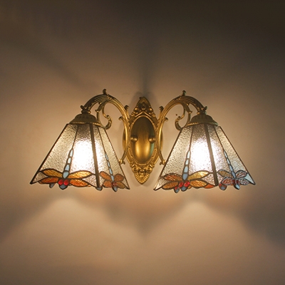Tiffany Style Craftsman Wall Sconce Stained Glass 2 Lights Dragonfly Wall Light for Bathroom