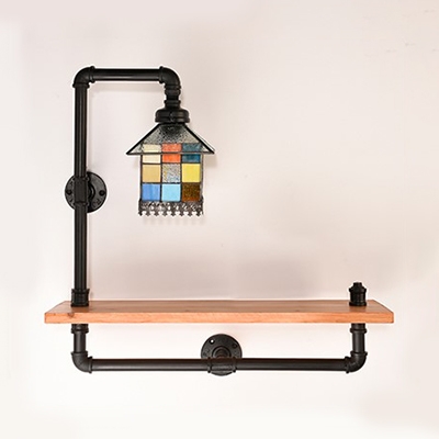 Tiffany Style House Sconce Light with Shelf Stained Glass 1 Light Wall Light for Study Room