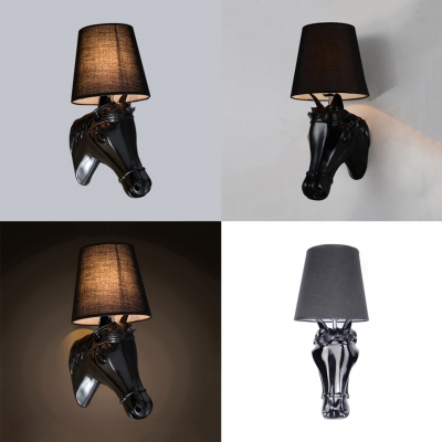 Traditional Sconce Light with Black/White Tapered Shade and Horse Decoration Single Light Resin and Fabric Wall Light for Hotel