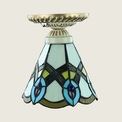 Vintage Style Ceiling Light 1 Light Stained Glass Sunflower/Lily/Peacock Tail Flush Mount Light