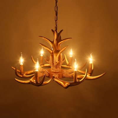 Vintage Style Gold Chandelier with Deer Horn Decoration 6 Lights Resin Hanging Light for Living Room