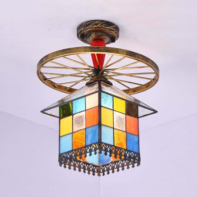 Vintage Style House Semi Flush Mount Light 1 Light Glass Ceiling Light with Wheel for Bedroom