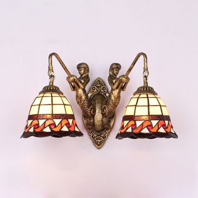 Vintage Style Wall Sconce Bell Shade 2 Lights Stained Glass Sconce Light with Mermaid for Stair