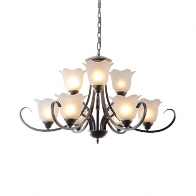 White Flower Shade Chandelier 3/6/8/9 Lights Antique Style Metal Frosted Glass Hanging Light for Dining Room