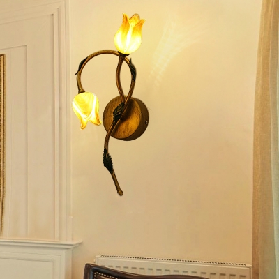 Yellow/Pink Bloom Shape Wall Sconce 2 Lights Elegant Style Frosted Glass Metal Wall Light for Shop Bedroom