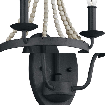 2 Lights Candle Shape Wall Sconce with Wooden Beads Metal Wall Light in Black for Living Room