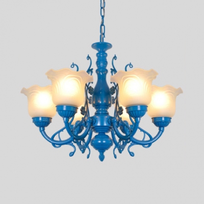 3/5/6 Lights Flower Chandelier Elegant Style Metal Suspension Light in Blue/Pink for Dining Room