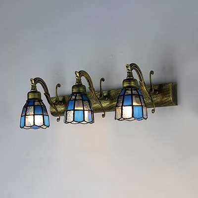 3 Lights Cone Wall Light Antique Style Blue/White Glass Sconce Light for Bathroom Hallway