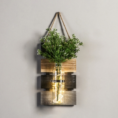 Rustic Style Fairy Light with Bottle and Dark Green/Light Green/Yellow Plant Clear Glass and Wood Twinkle Light