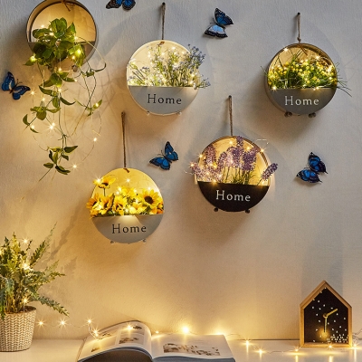 Round Shape LED String Light European Style Metal Wall String Light with Plant Decoration for Living Room