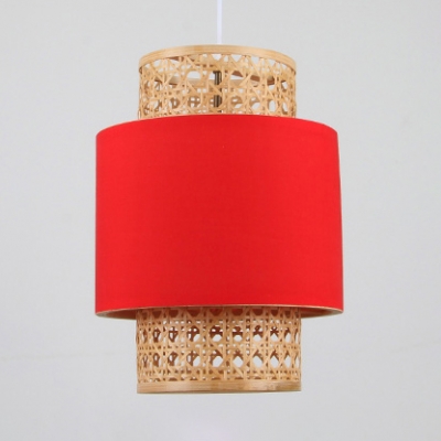 Single Light Cylinder Shape Pendant Lighting Rustic Rattan Pendant Ceiling Light in White/Red