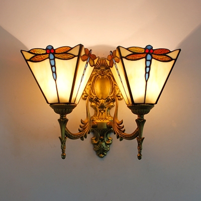 Antique Style Dragonfly Wall Light 2 Lights Stained Glass Sconce Light for Restaurant Hotel