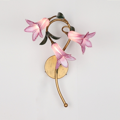 Antique Style Flower Shape Wall Light Metal White/Yellow/Pink Glass 3 Lights Sconce Light for Foyer