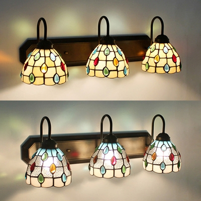 Beige/Clear Glass Dome Wall Sconce Living Room Cafe 3 Lights Tiffany Style Wall Light