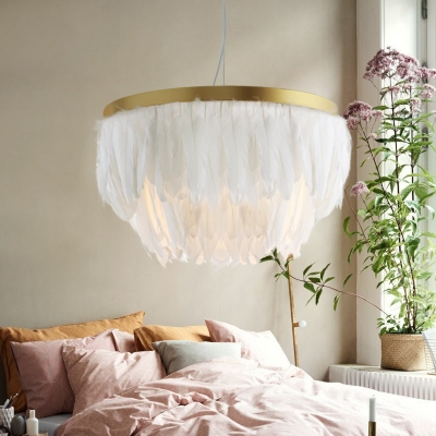 European Style Chandelier with White/Gray Feather Single Light Metal Pendant Lighting for Hotel