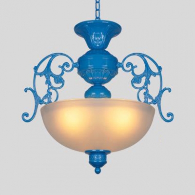 Frosted Glass Domed Pendant Light Bedroom 3 Lights Traditional Chandelier in Blue/Pink