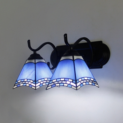 Glass Cone Shade Wall Light 2 Lights Mediterranean Style Sconce Light in Blue for Foyer