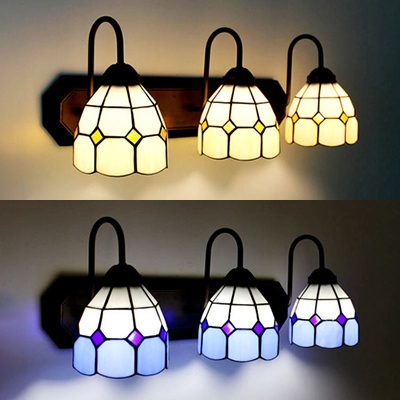 Glass Dome Shade Sconce Light 3 Lights Tiffany Style Wall Light in Beige/Blue for Bathroom