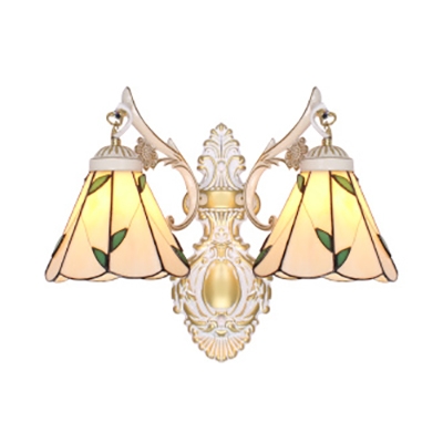Hallway Hotel Cone Wall Light with Leaf Decoration Glass 2 Lights Elegant Style Sconce Light