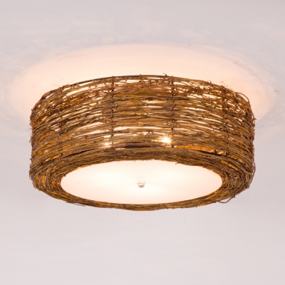Rustic Style Brown Ceiling Light Fixture with Drum Shape Single Light Bamboo Flush Mount Light for Indoor